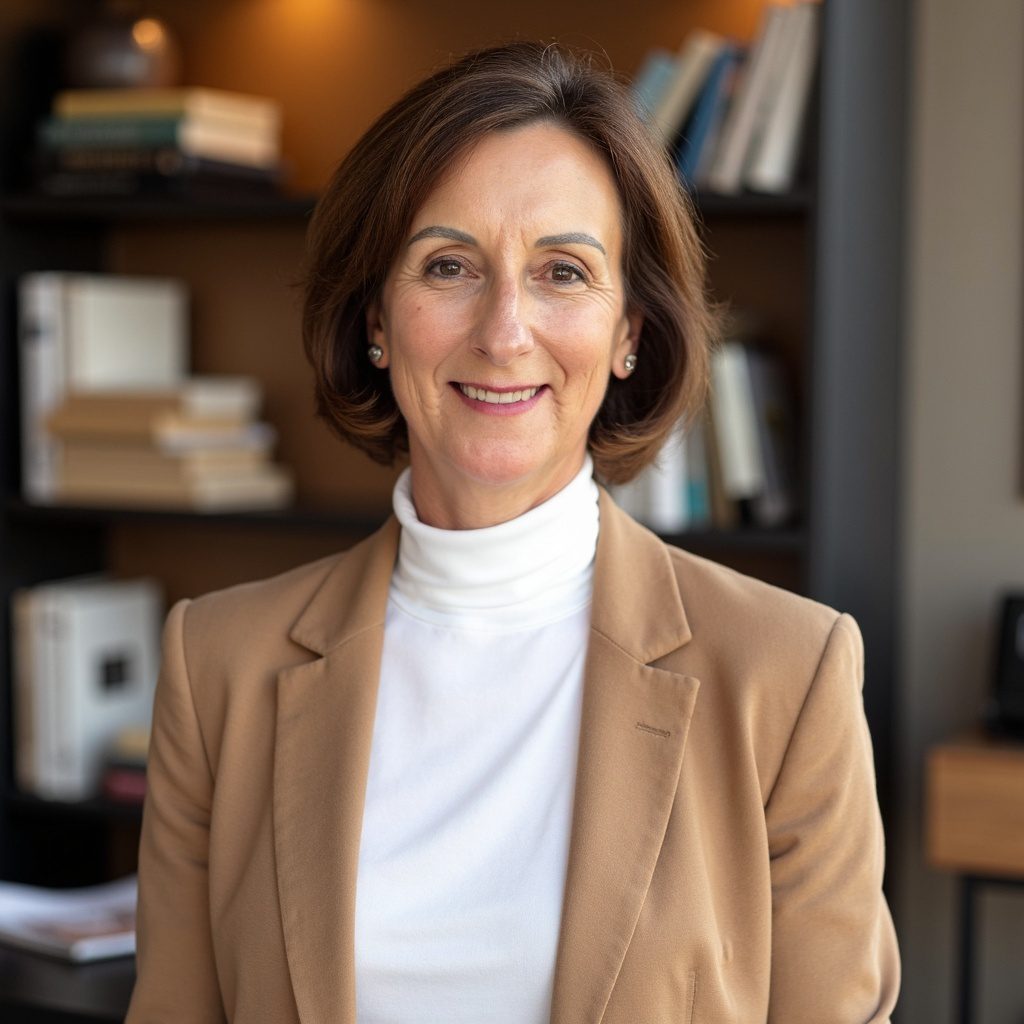 Professional woman in a beige blazer and white turtleneck smiling indoors.