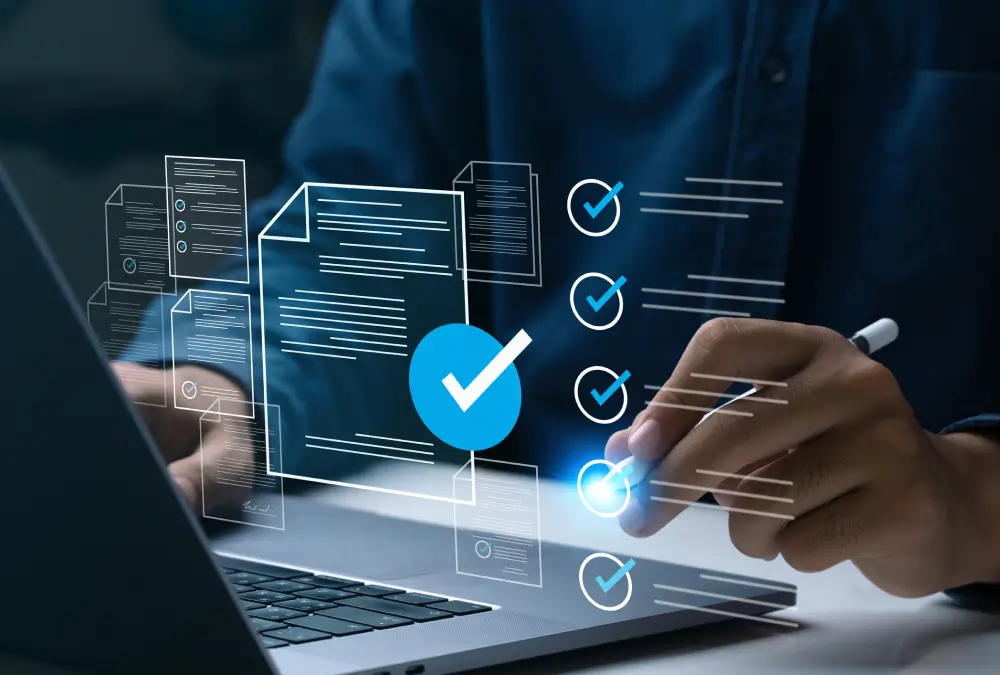 Laptop user interacting with digital checklist.
