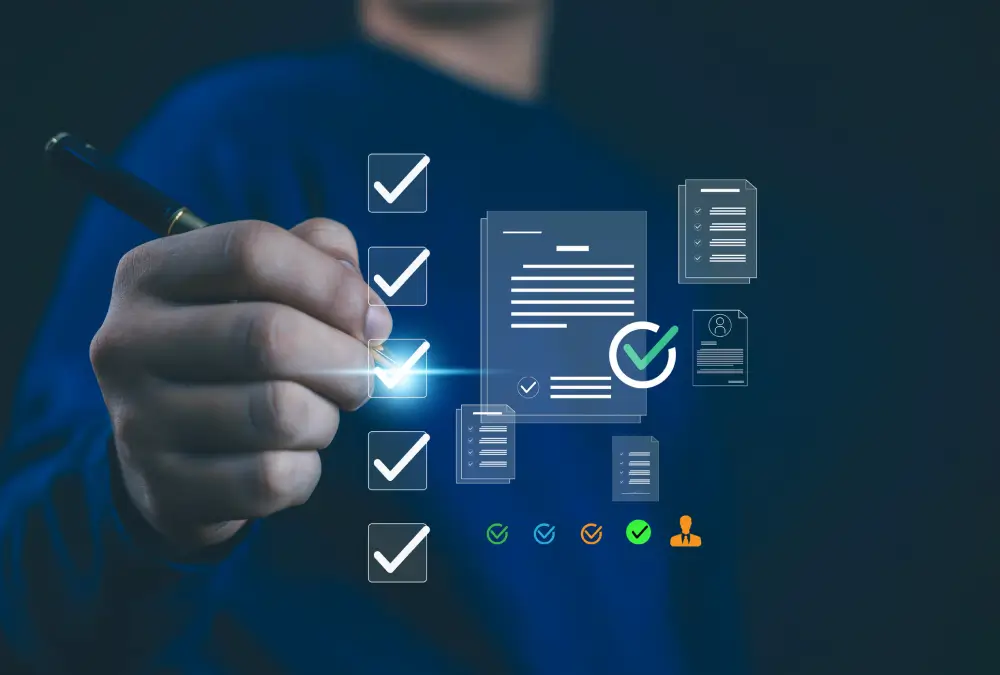 Person interacting with digital checklist interface.